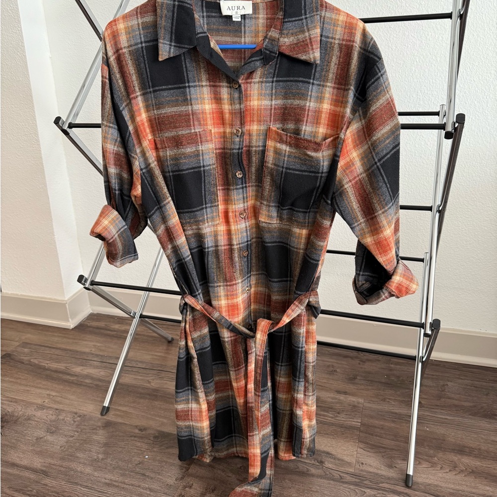 Aura Casual Plaid Dress- Black and Orange